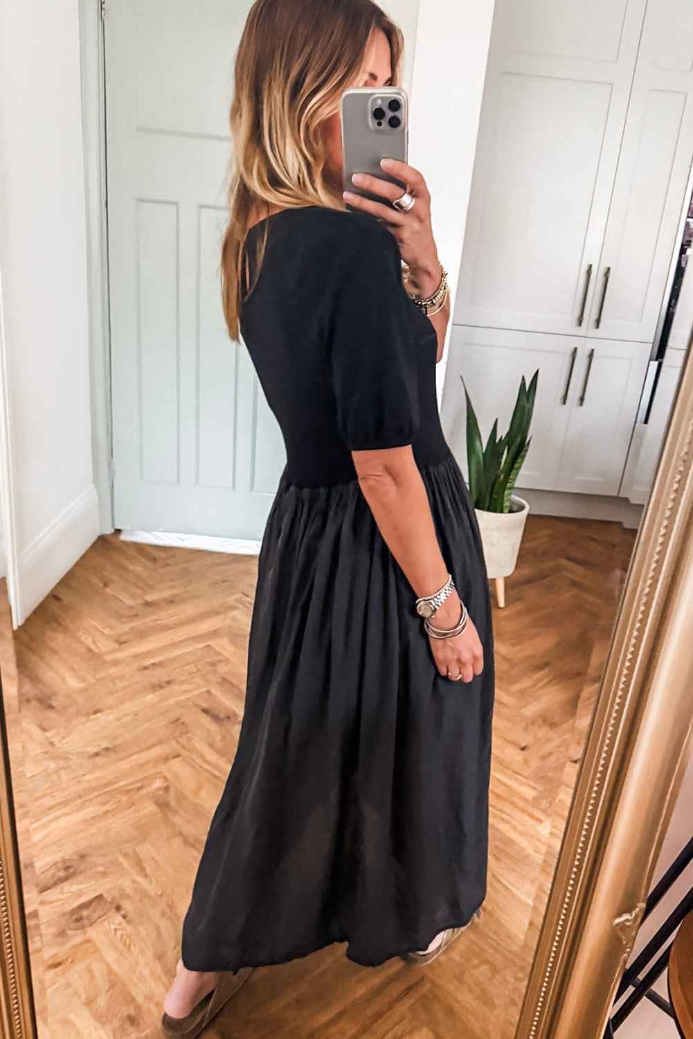 Black Short Sleeve Knit Top Patchwork Pleated Long Dress 79e04d1c3ae73420