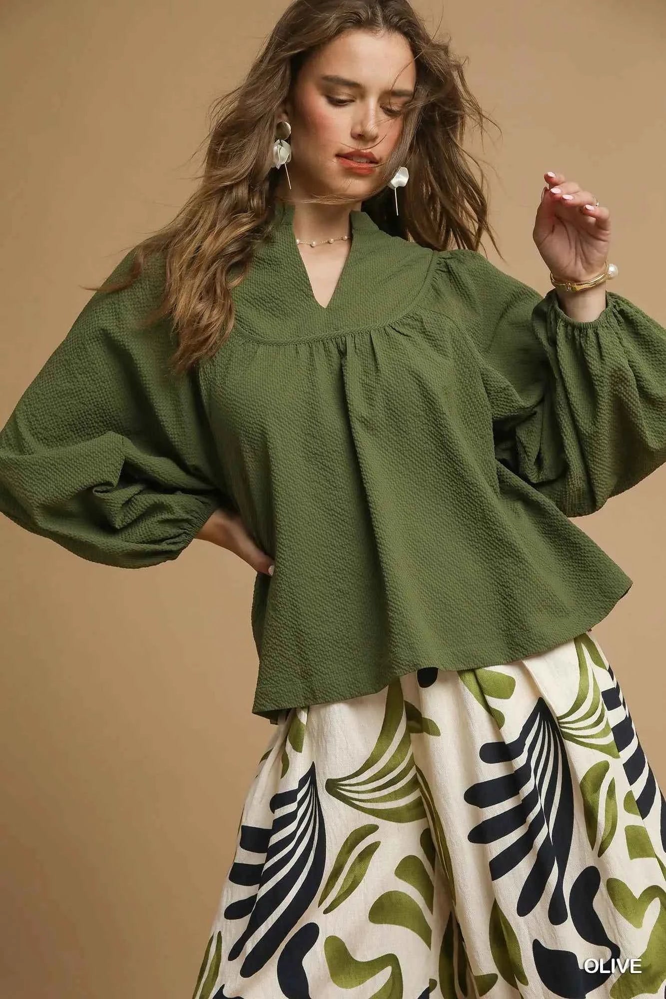 Umgee Textured Notched Blouse with Balloon Sleeves OLIVE 79e72d30-d821-45ce-9347-9960fd2589ba-Max-Origin