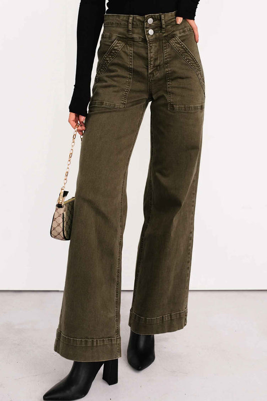 Jungle Green Double Waistband Loose Straight Jeans 79e76c135b35ad5b