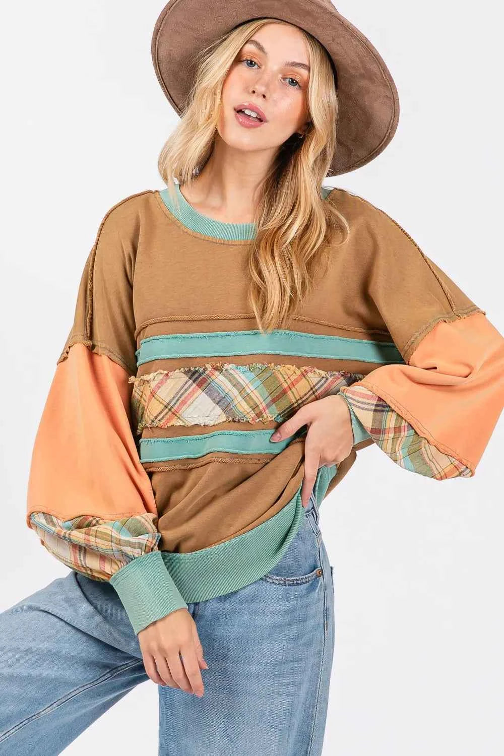 SAGE + FIG Mineral Wash Raw Edge Color Block Sweatshirt 79ecf3f7-d161-43bb-82fb-d4f955bdae06-Max
