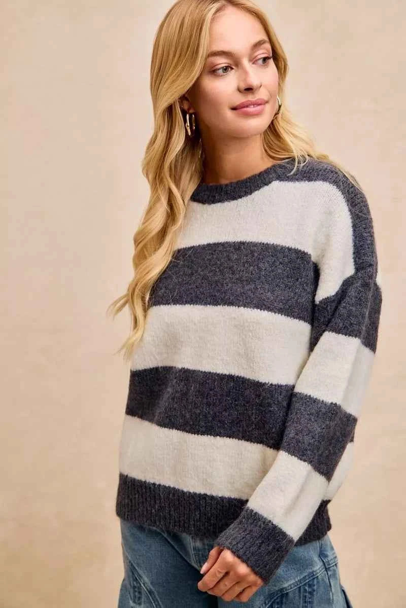 BiBi Wide Stripe Fuzzy Knit Round Neck Sweater CHARCOAL 79ee3370b6bc45cf8109825f0a3d4214-Max-Origin