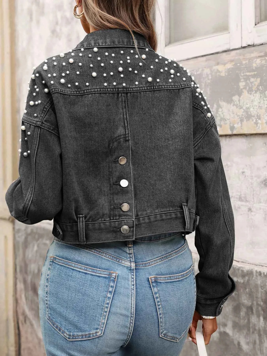 Pearl Embellished Cropped Denim Jacket 79efb9df50d84bd6a82b04f428a68af7-Max-Origin