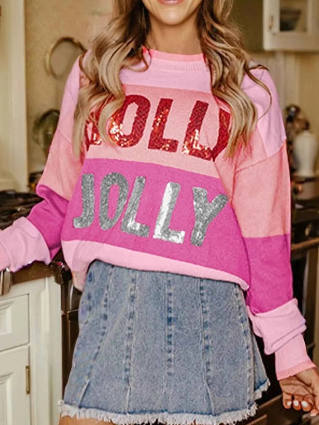 Sequined HOLLY JOLLY Color Block Crew Neck Sweater 79f08457-a4bd-4f23-ad17-8f0090eaf59d-Max-Origin