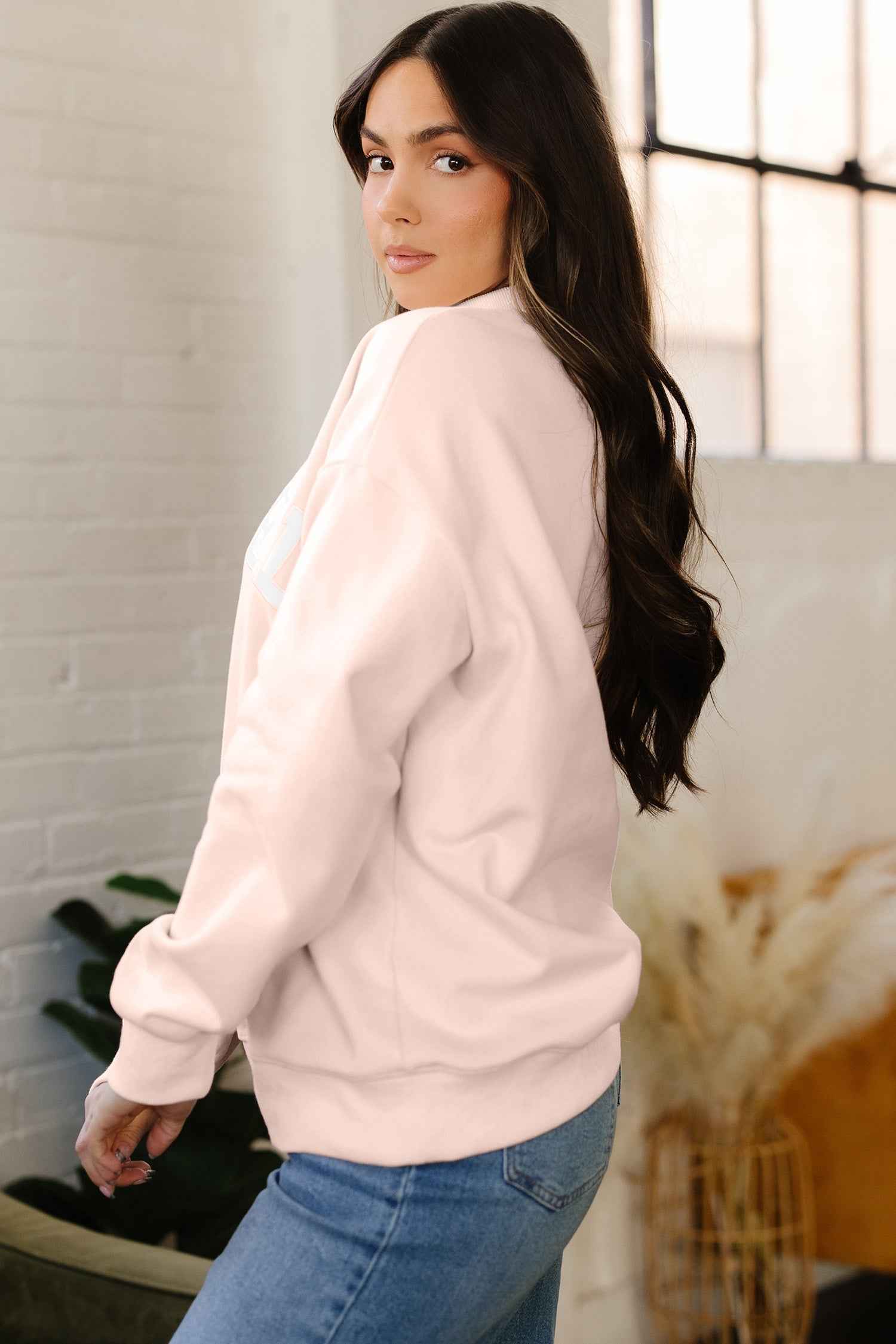 Sea Green Oversize Blessed Embroidered Mock Neck Sweatshirt 79f1c57794b897c1