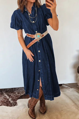 Sail Blue Full Buttons Collared Short Bubble Sleeve Long Denim Dress Sail Blue 100%Cotton 79f6a6138ff11a3b_d3b5da4f-c6e2-4614-8f29-2c5b26378d6c