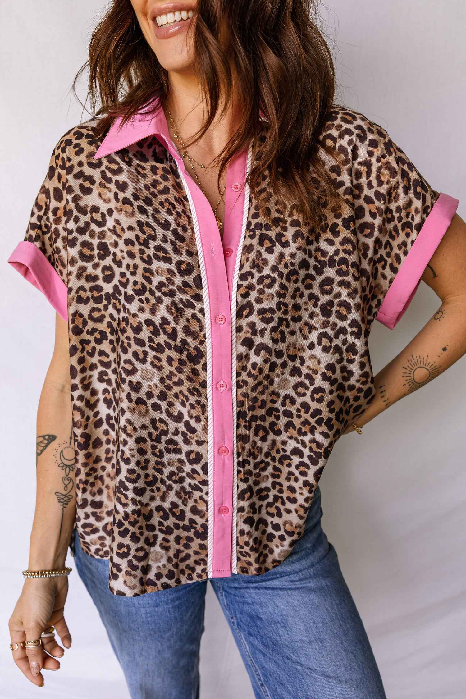 Leopard Print Contrasted Trim Animal Short Sleeve Shirt Multicolour 89%Viscose+11%Polyamide 79f730ef35579834