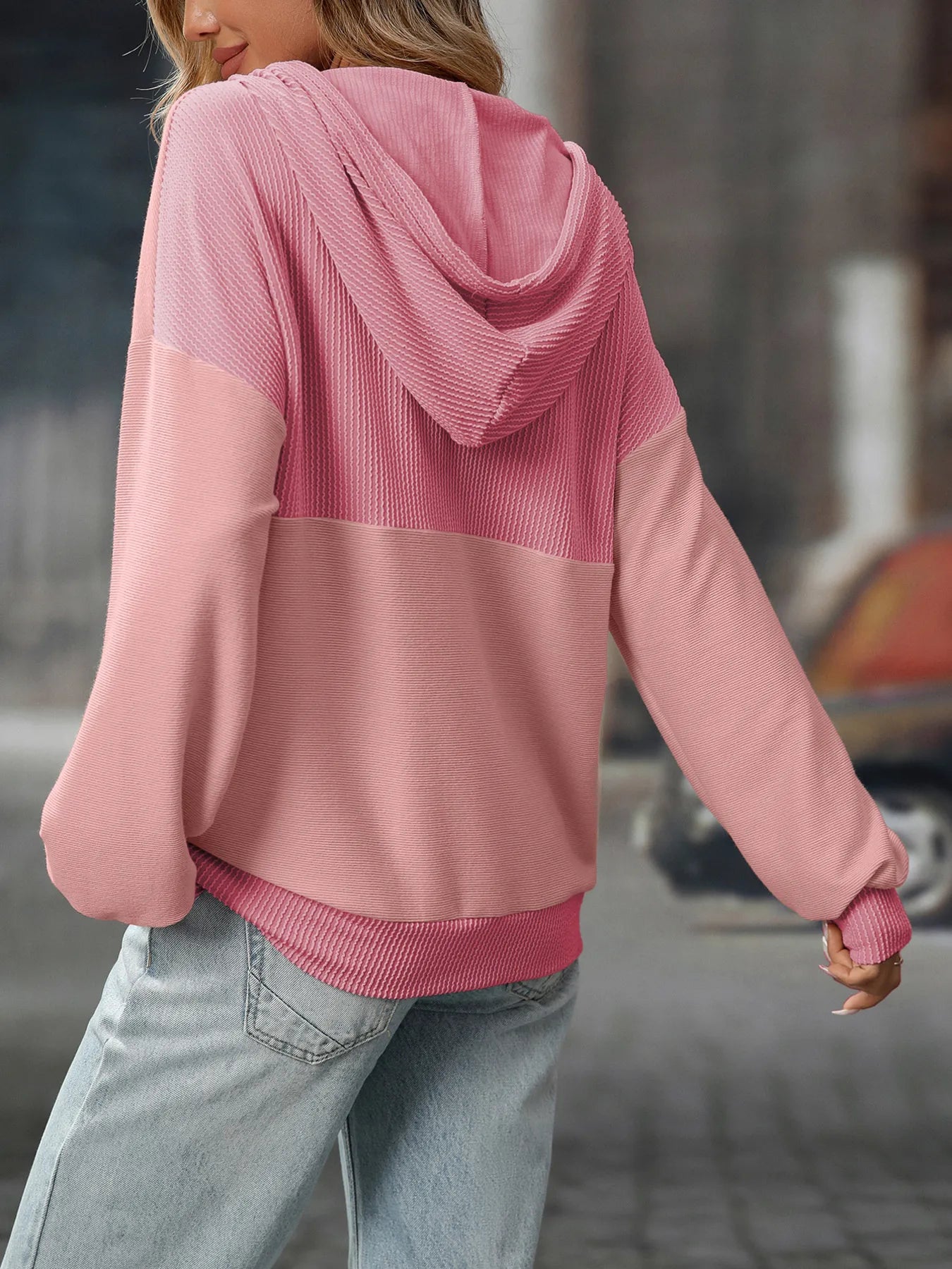 Drawstring Button Detail Long Sleeve Hoodie 79f7a64f1e054656bc5ad6f474e9343a-Max-Origin
