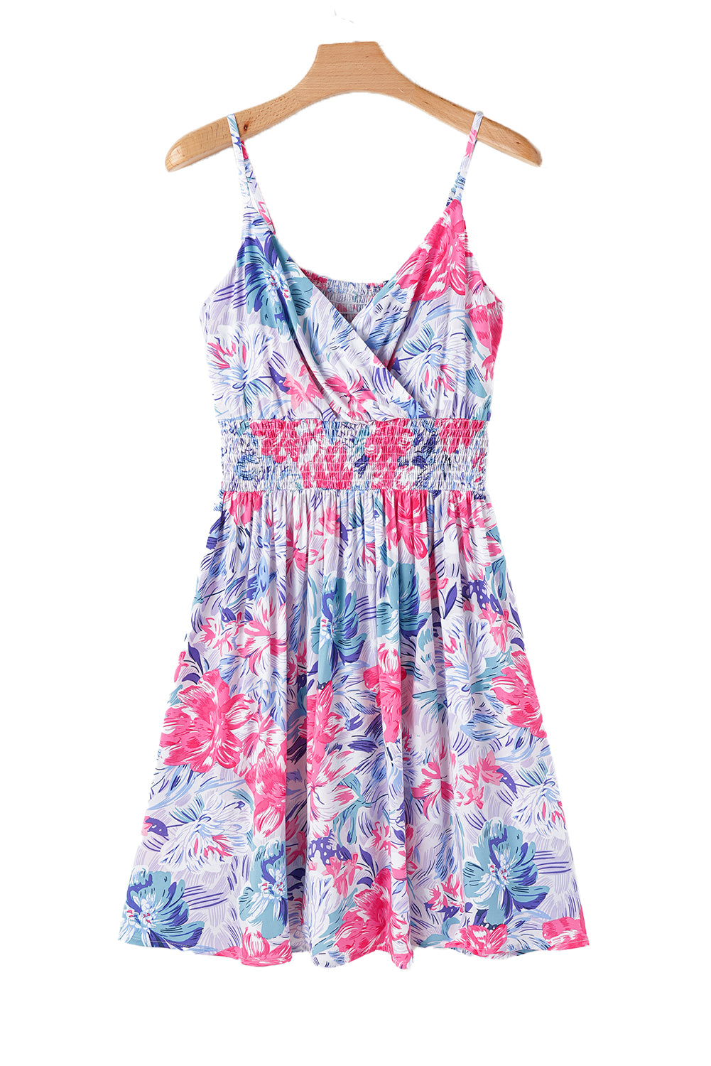 Sky Blue Floral Spaghetti Strap Surplice Neck Shirred Waist Mini Dress 79f9405883f9a340