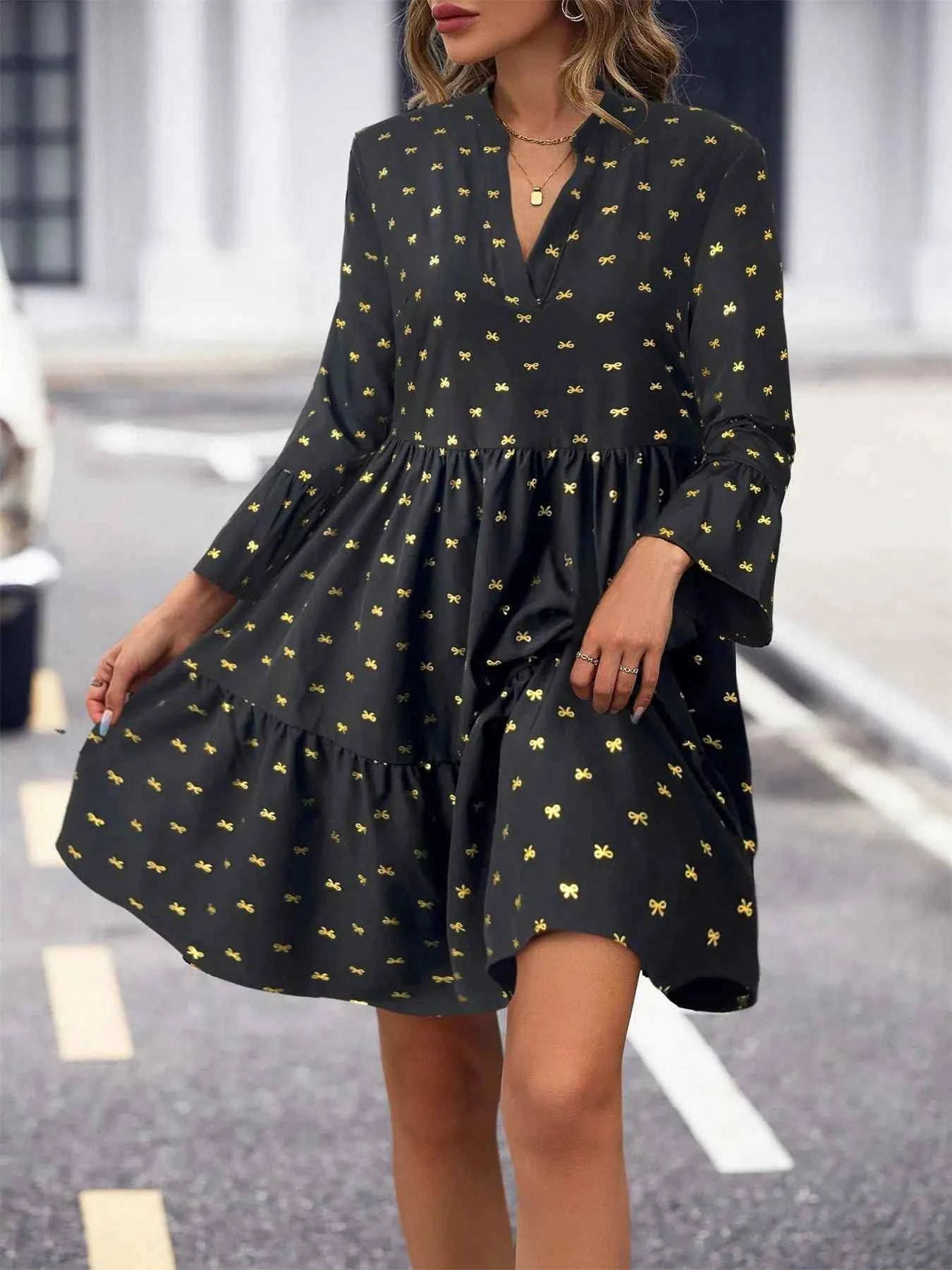 Bow Notched Long Sleeve Dress 79f9f7a1-5744-4936-a1df-af762de66ce5-Max-Origin