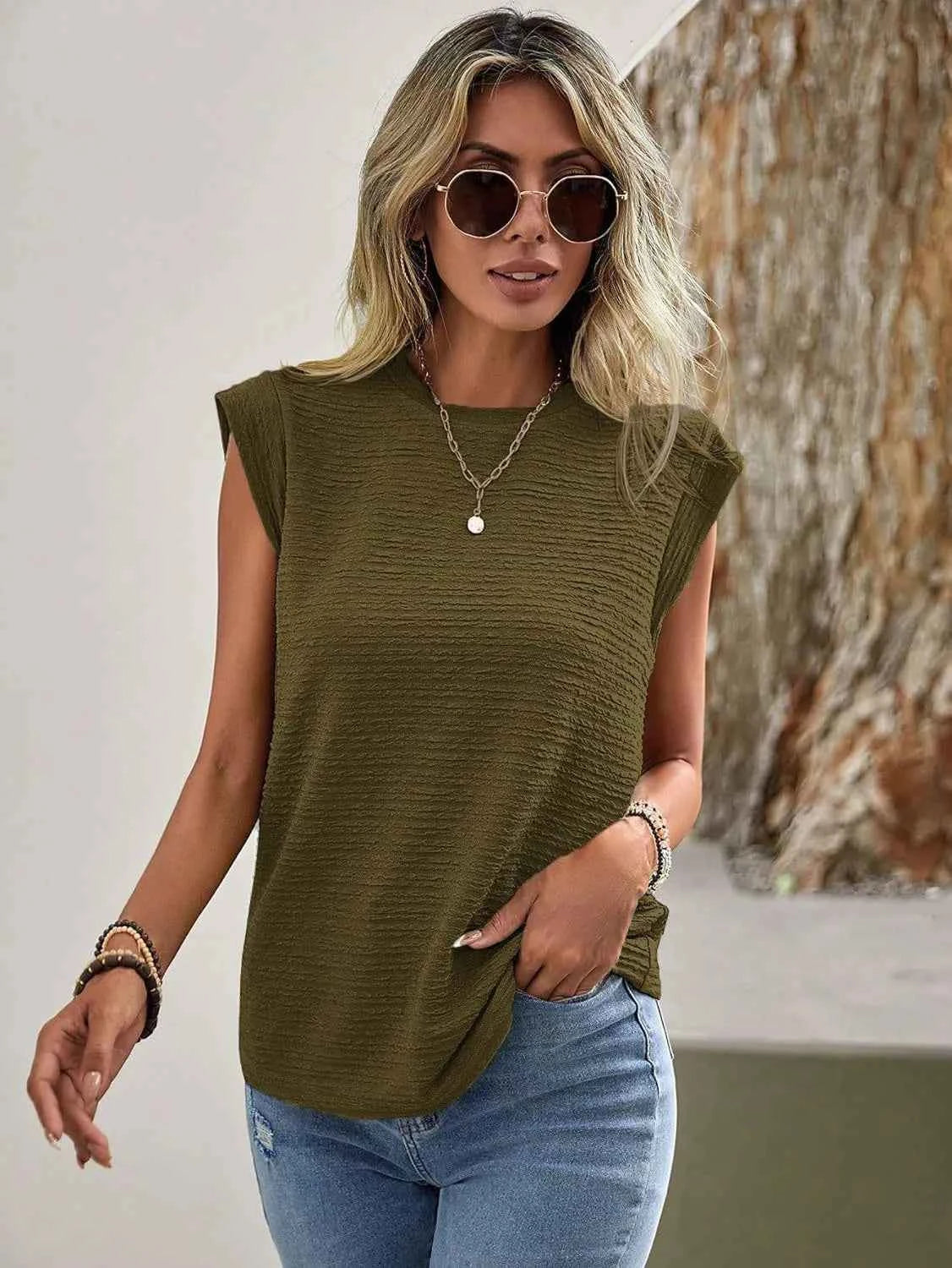 Textured Round Neck Cap Sleeve Top 79fb4bab23da4a64b3b49a2ca712dea5-Max-Origin