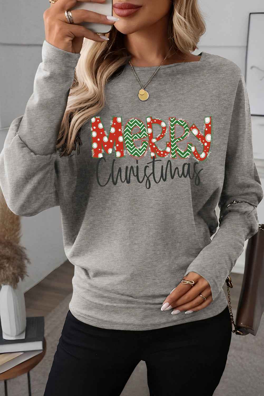 Light Grey Merry Christmas Graphic Extended Cuffs Dolman Long Sleeve Top 79ff0bcc776c1f22