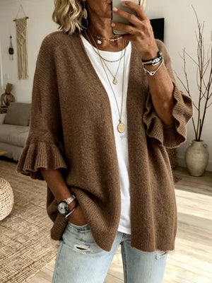 Open-Front Three-Quarter Sleeve Knit Cardigan Brown 7ED6DE2F35031EC343BD9485245397AA
