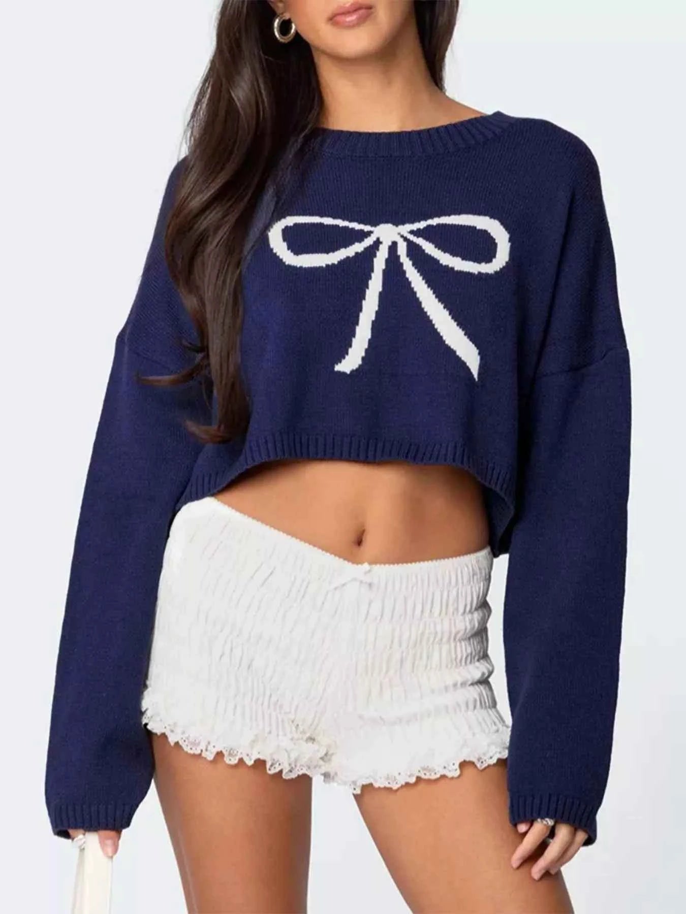 Bow Round Neck Cropped Sweater 7a0134eb-17cc-4659-8b02-60033adfed74-Max-Origin