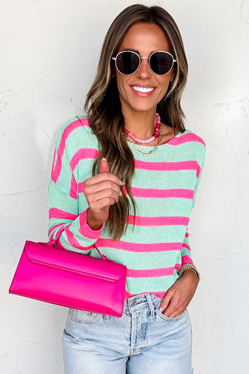 Green Striped Round Neck Colorblock Knit Sweater 7a06167bff56d30f