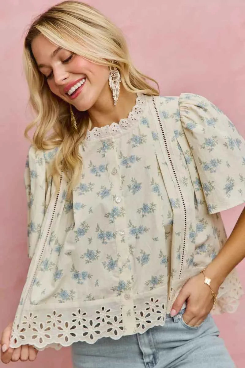 SO ME Floral Print Lace Trim Flutter Sleeves Blouse 7a0c46b6-0c8f-4cd6-8739-12e40683ee7e-Max-Origin