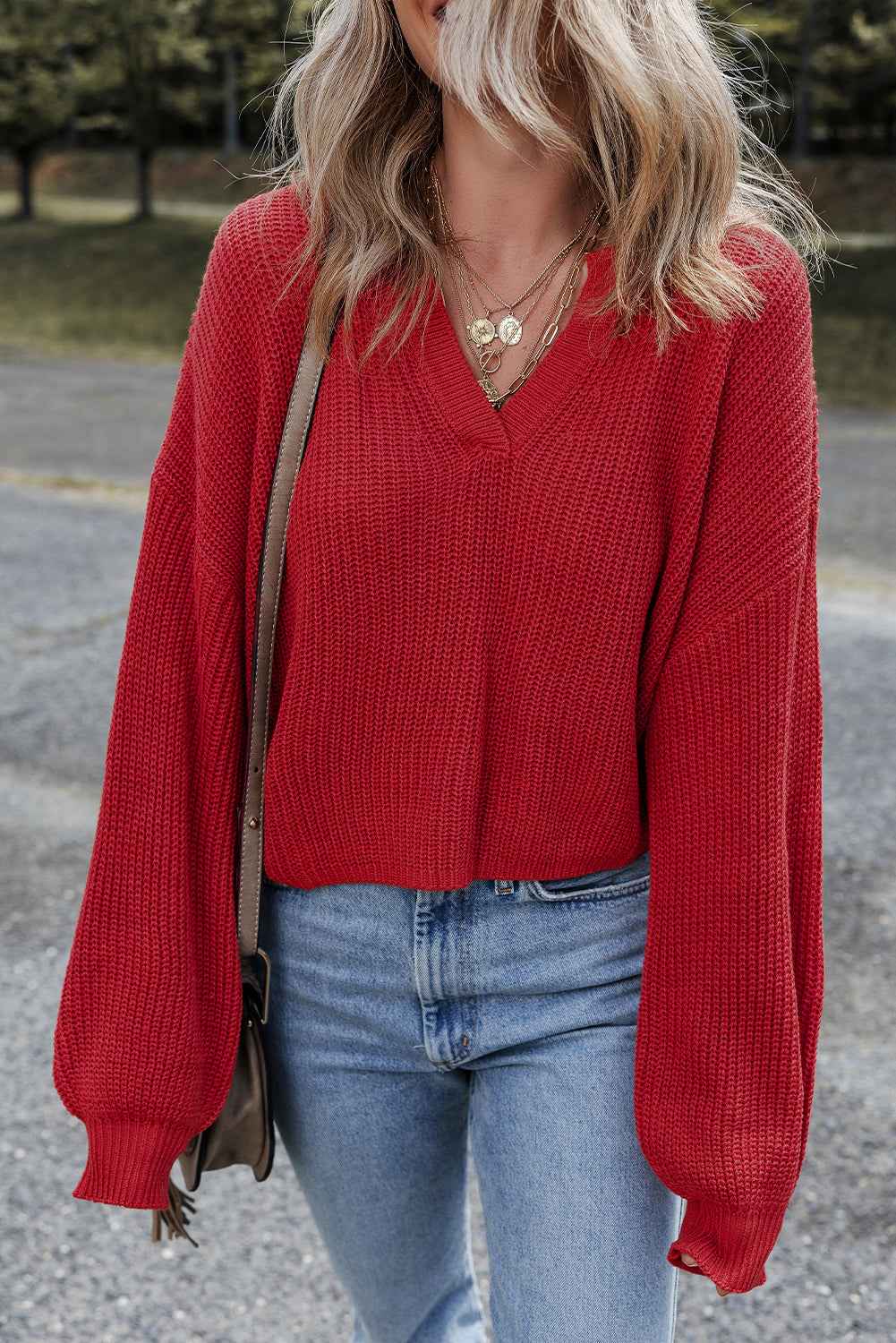 Racing Red Solid Textured Knit V Neck Drop Shoulder Sweater 7a0ec3cfe4645a5c