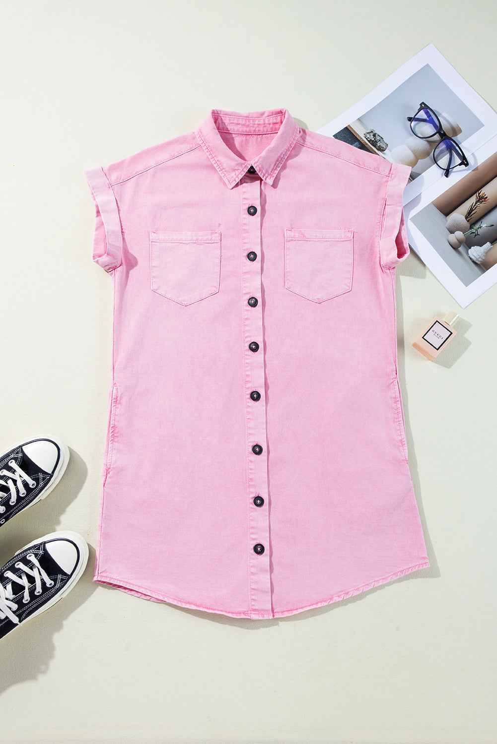 Orchid Petal Double Chest Pocket Denim Shirt Dress 7a0ec94b4abc0271