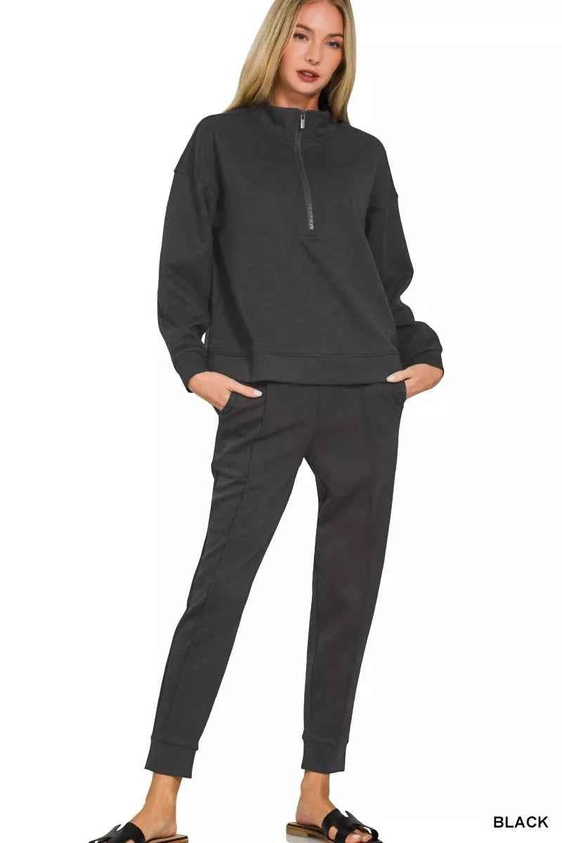 Zenana Scuba Half Zip Pullover and Jogger Set BLACK 7a0f58758e804fc08067386746d1dd50-Max-Origin