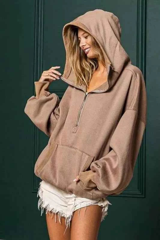 Stitch Detailed Elastic Hem Half Zip Fleece Hoodie 7a15e096-e286-4794-a883-69655ac5e0c1-Max-Origin