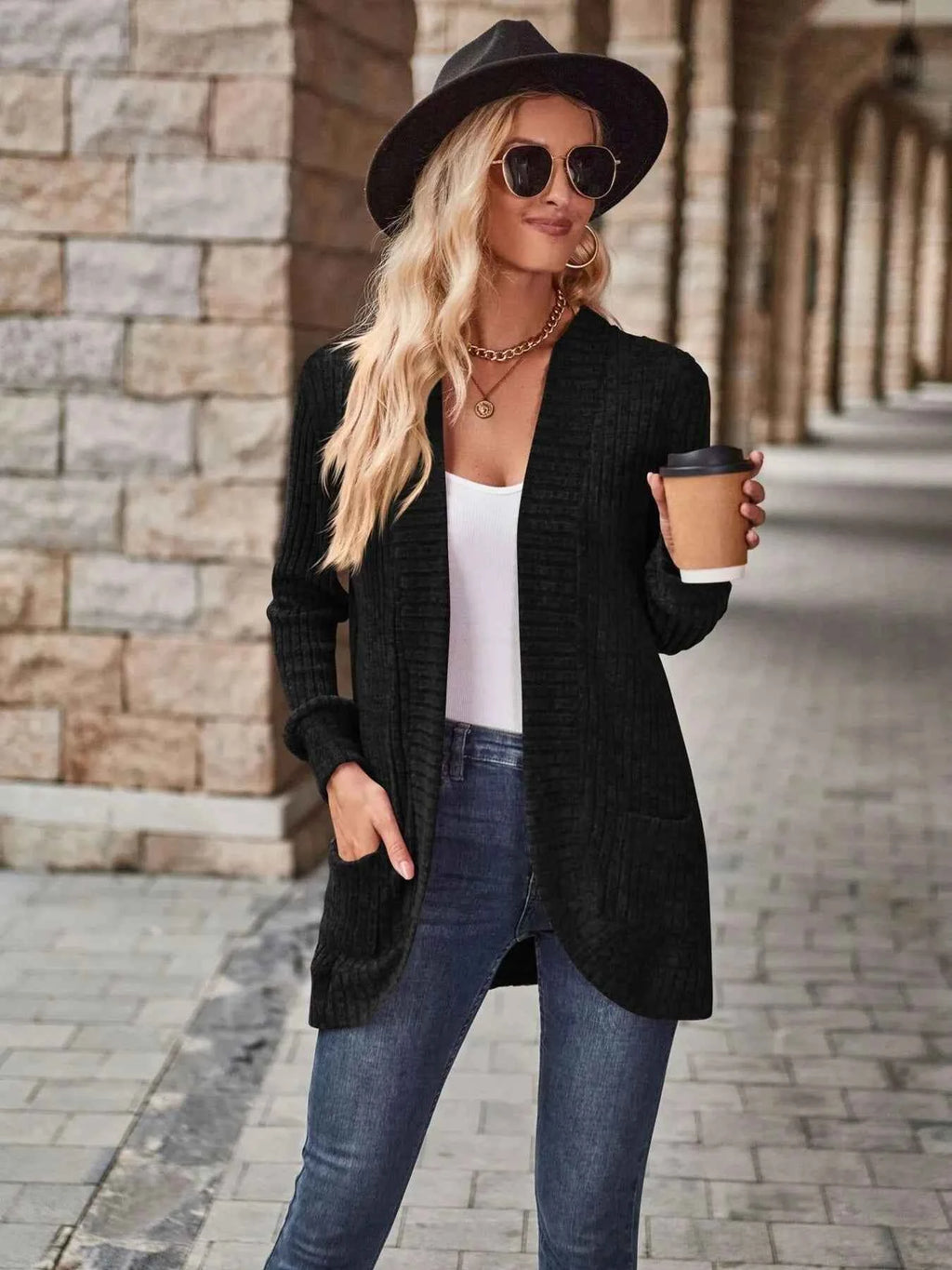 Ribbed Open Front Long Cardigan with Pockets 7a1692e10dfe4ec5877658276718c6c2-Max-Origin