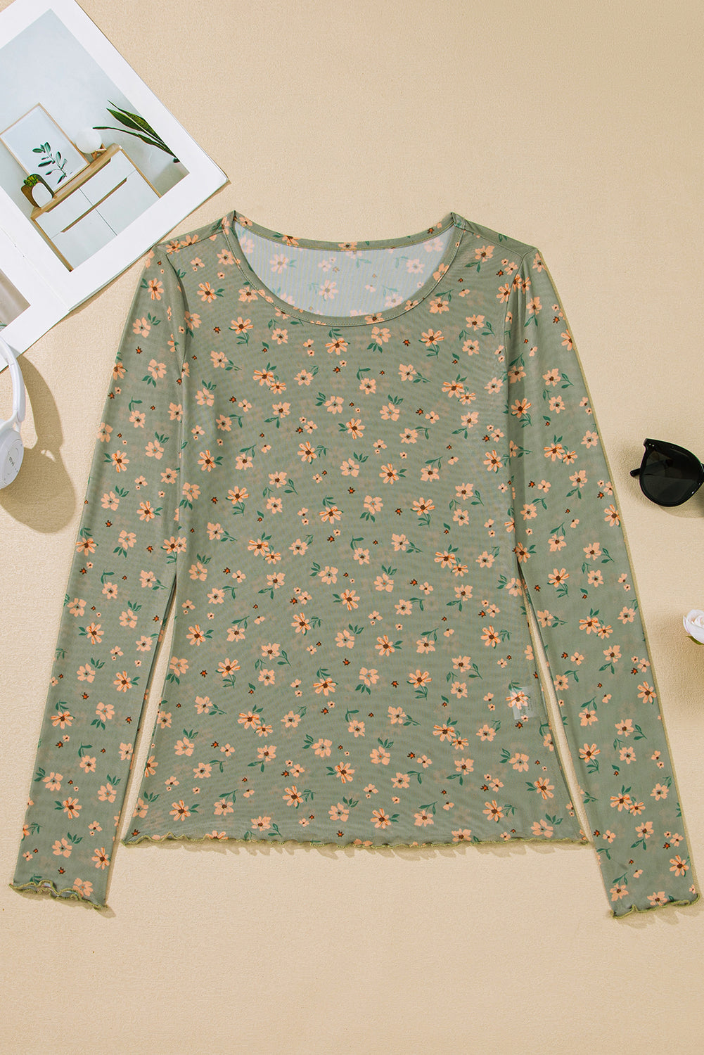 Laurel Green Vintage Floral Print Mesh Slim Fit Long Sleeve Top 7a17b1da8c78b375