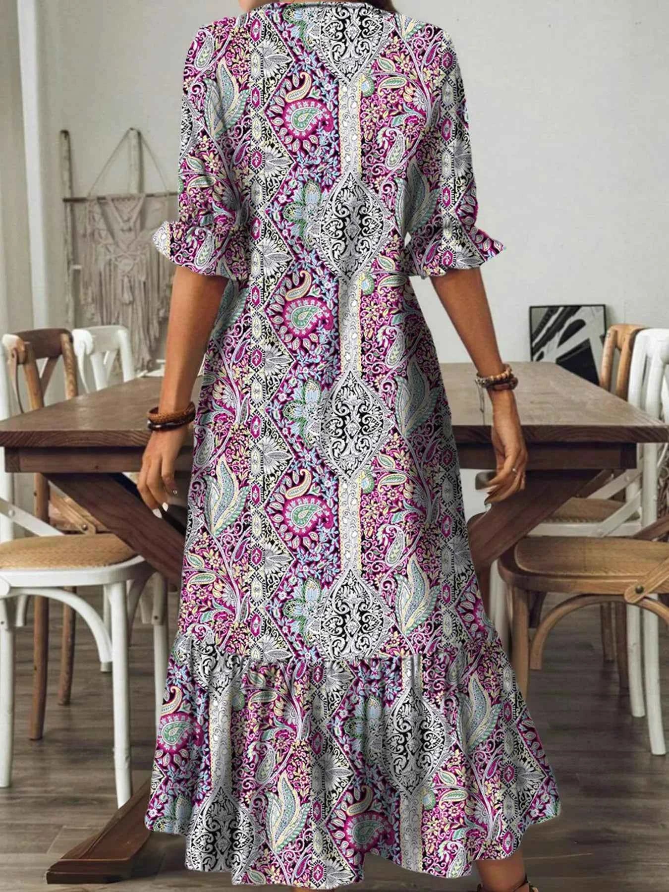 Full Size Bohemian Paisley Print V-Neck Midi Dress Plus Size