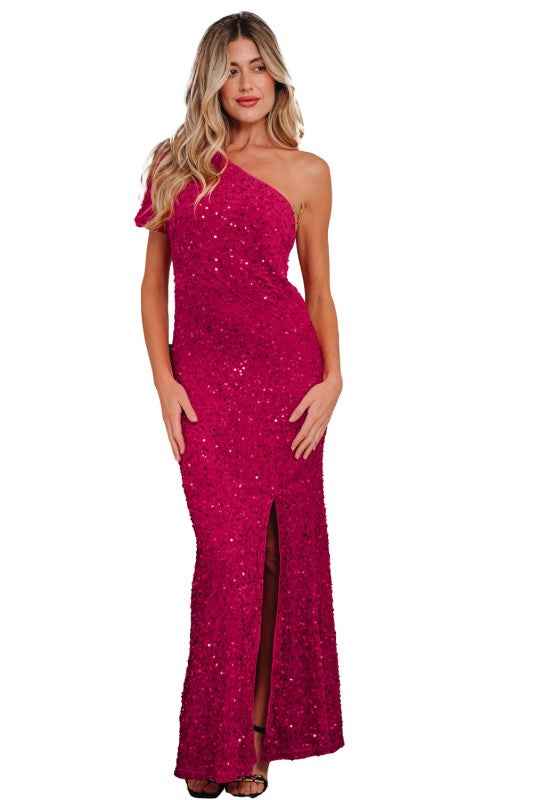 Sequin One Shoulder Thigh High Split Bodycon Gown 7a1a94cb-697f-4f6b-b131-a2da9852d252