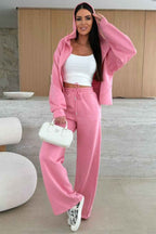 Pink Solid Color Zip Up Hoodie Drawstring Loose Pants Set 7a1d47b8f1ac26a4