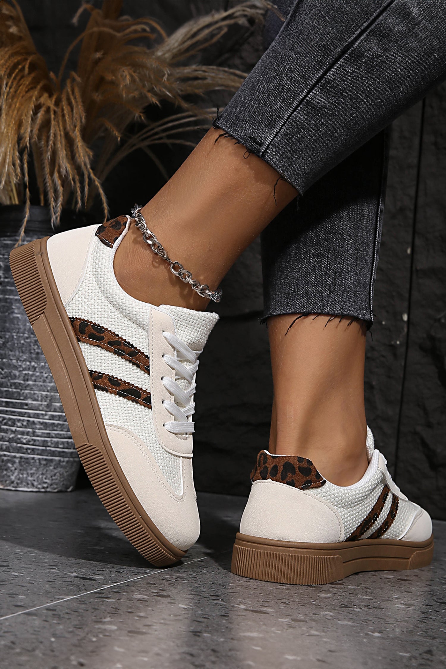 White Textured Woven PU Leather Leopard Patchwork Flat Sneakers 7a398a9a9d200ed4