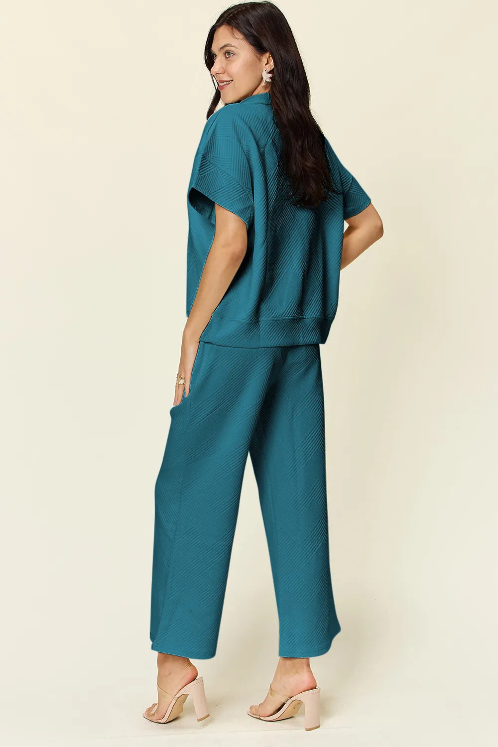 Double Take Full Size Texture Half Zip Short Sleeve Top and Pants Set 7a3a8622-b3aa-45ff-9ace-d0627ce4a1ea-Max