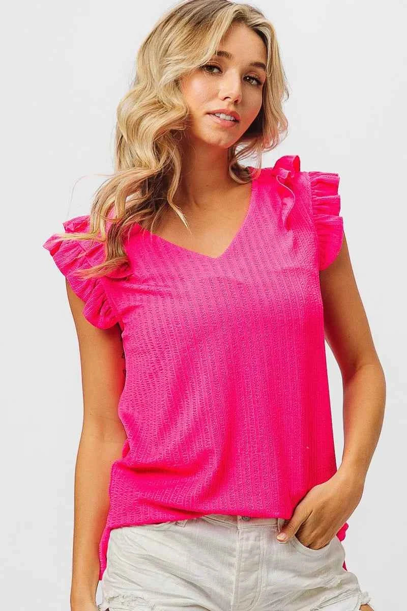 BiBi Layered Ruffles Armhole V-neck Rib Textured Top FUCHSIA 7a3c0f92e3984129a91dba36a557c75a-Max-Origin