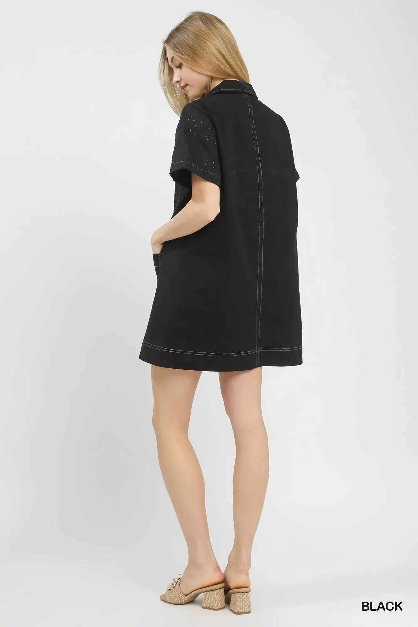 Umgee Eyelet Short Sleeve Shift Dress with Pocket 7a3d84ee-152a-4f26-8c3e-2b1be3a63f5d-Max-Origin