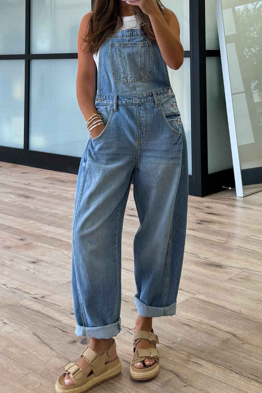 Dusk Blue Adjustable Buckle Straps Straight Leg Denim Overalls Dusk Blue 72%Cotton+26%Polyester+2%Elastane 7a4210cc1d499b42