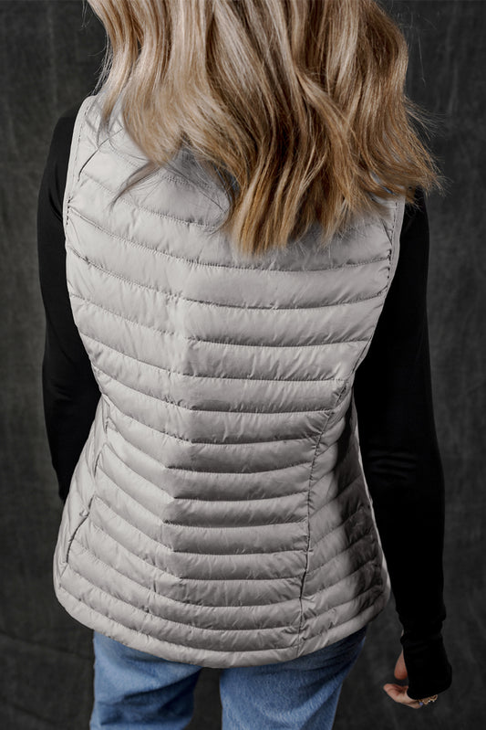 Silvery Plush Collared Quilted Zipped Puffer Vest 7a435c23b944f914
