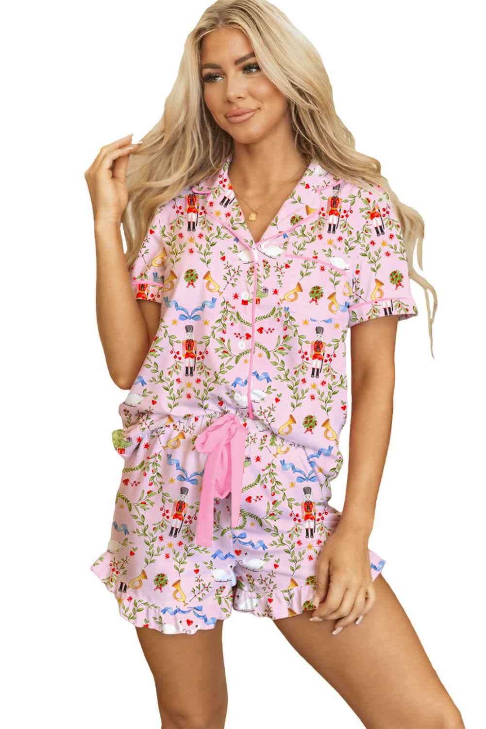 Pink Christmas Print Short Sleeve Shirt and Pajama Set 7a43e422e27c6161