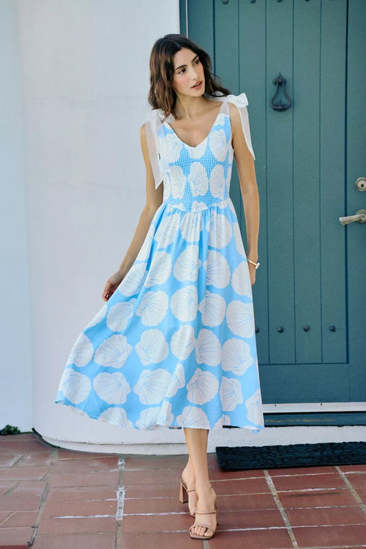 Shell Smocked Bodice Shoulder Tie Lined Midi Dress BLUE 7a46903e-1a1a-4bf1-be03-7154b73a532a-Max-Origin