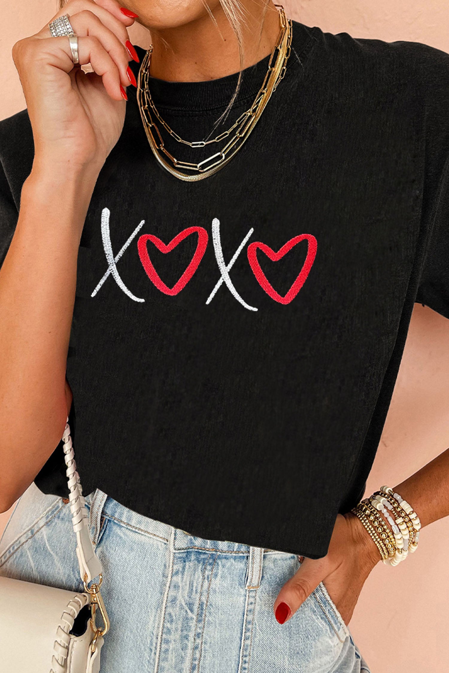 Black XOXO Valentines Heart Embroidered Casual Graphic Tee 7a46f5e52c730172