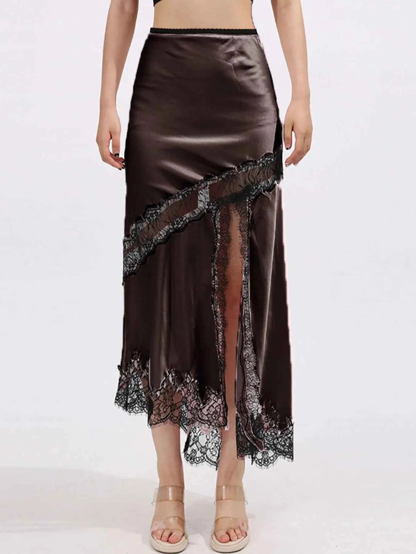 Lace Trim Asymmetrical Midi Skirt Brown 7a4c06d7-945a-453c-9a65-fe8c42b034bb-Max-Origin