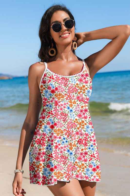 Floral Ricrac Trim Spaghetti Strap Swim Dress Red 7a4eeac3-f68d-4c43-aefe-4c6b9a569567