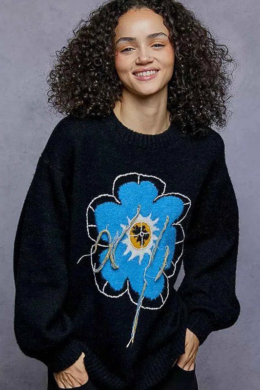 POL Floral Pattern Round Neck Sweater with Exposed Stitching Black 7a5960a5-d057-4dec-84b0-2432da4b599f-Max-Origin
