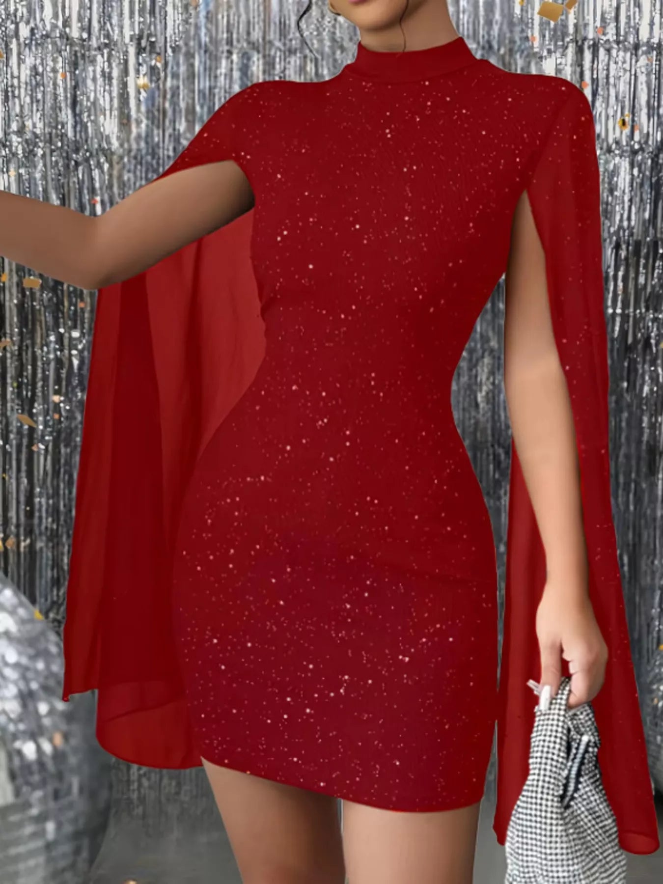 Glitter Cape Sleeve Mini Dress Wine Red 7a5c5f22344b4f1caae271be2508c85a-Max-Origin