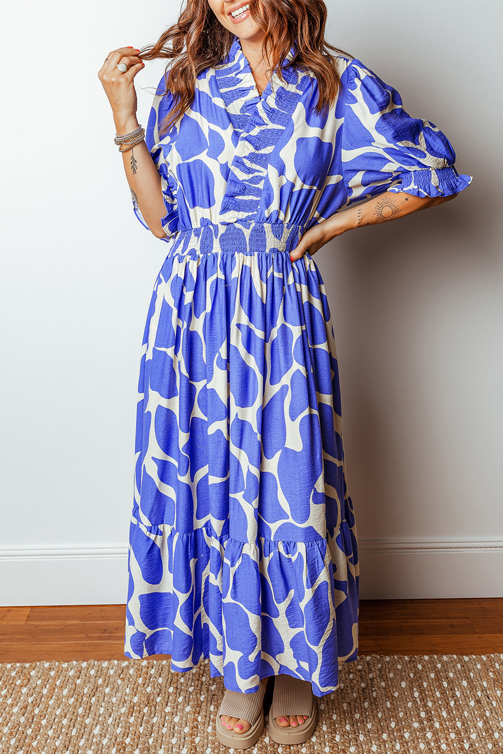 Sky Blue Abstract Print Smocked Waist Puff Half Sleeve Maxi Dress 7a62c3c3f9b2ef25