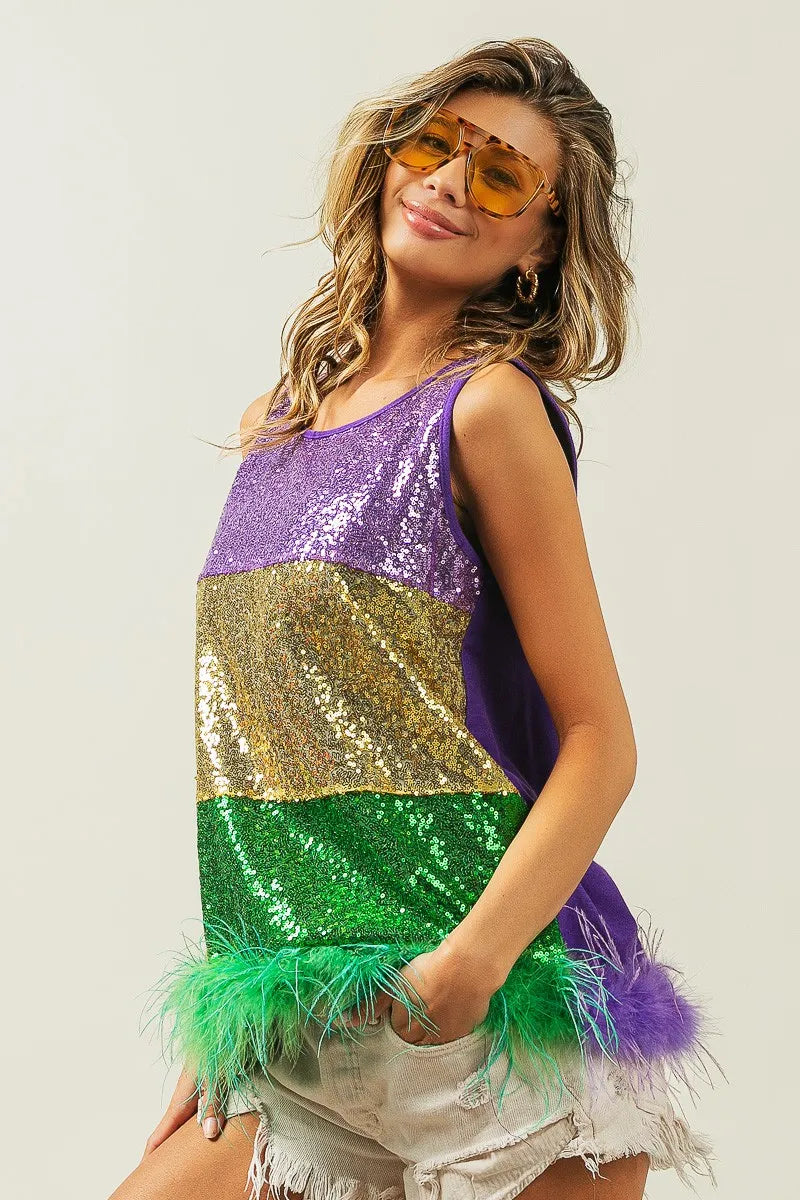 BiBi Mardi Gras Color Block Faux Feather Hem Sequin Top 7a656f93e52241cc86569c2460f93833-Max-Origin