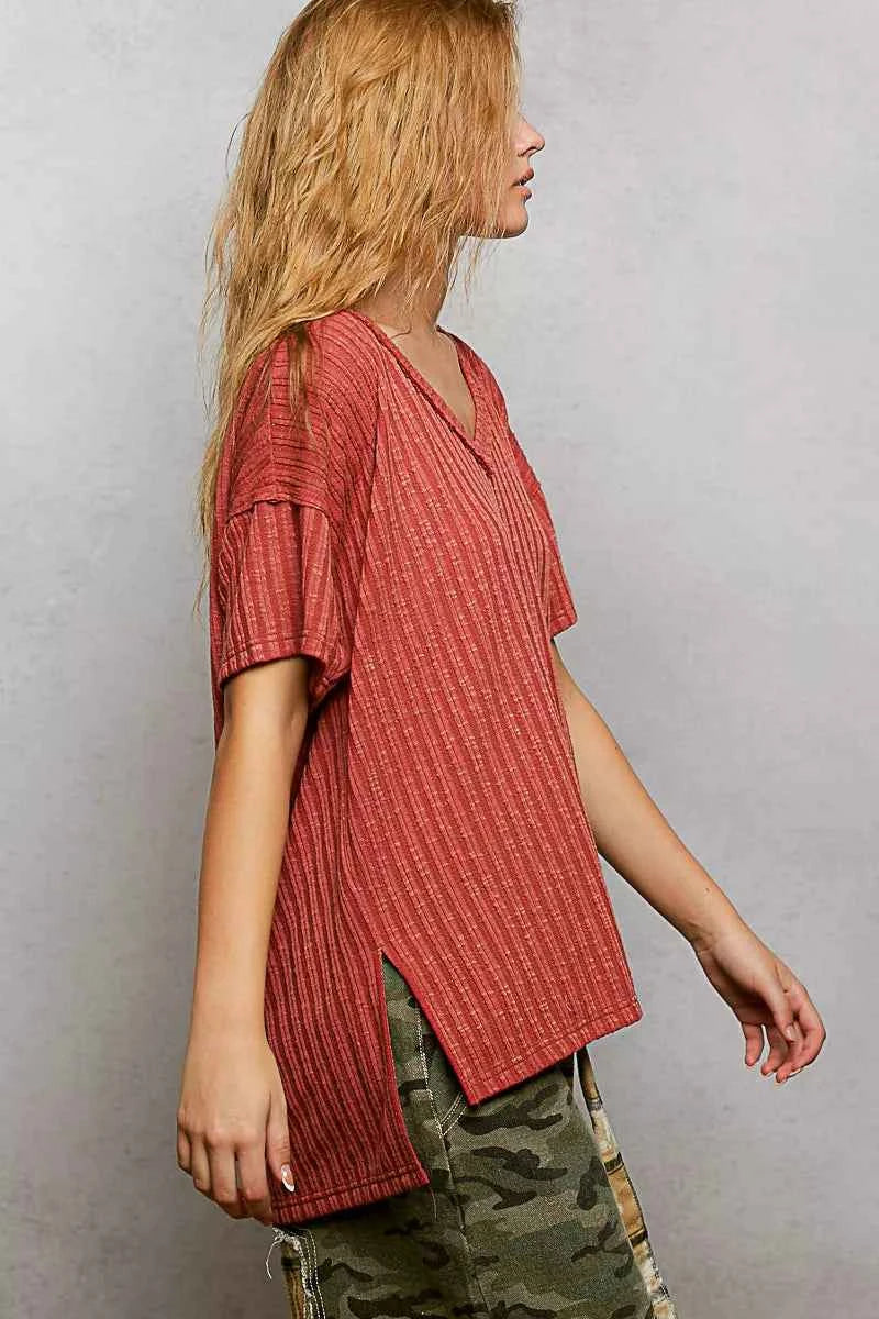 POL Ribbed Knit V-Neck Short Sleeve T-Shirt with Side Slit 7a657425-ee2d-42bc-87bf-b16810e7a6b4-Max-Origin