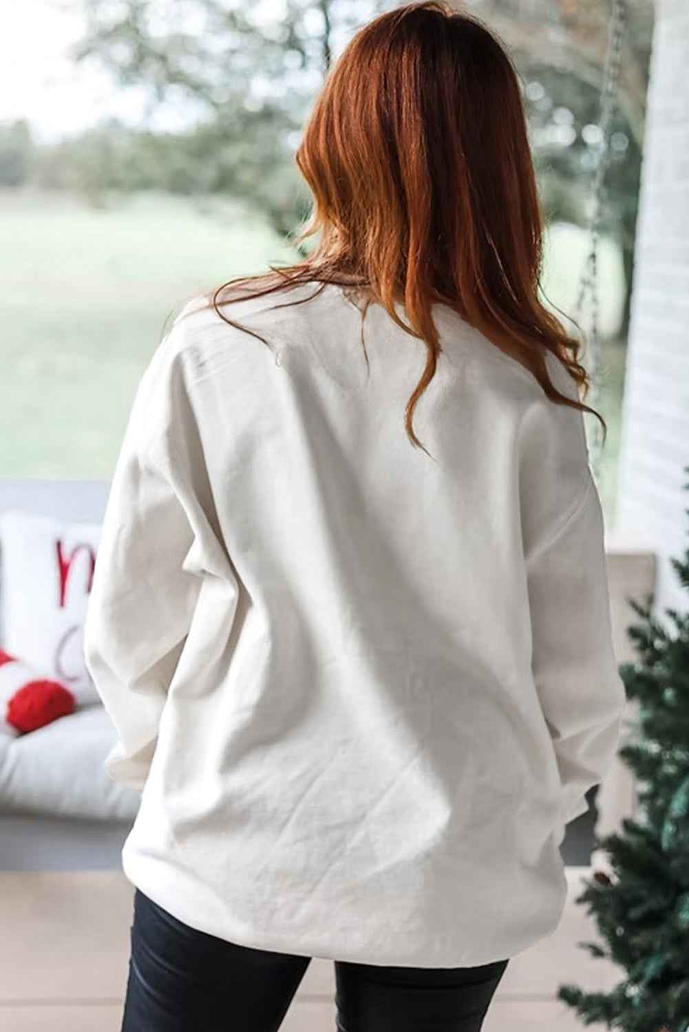 White Pearl Plaid Christmas Tree Patched Drop Shoulder Sweatshirt 7a6b359b8da2d075