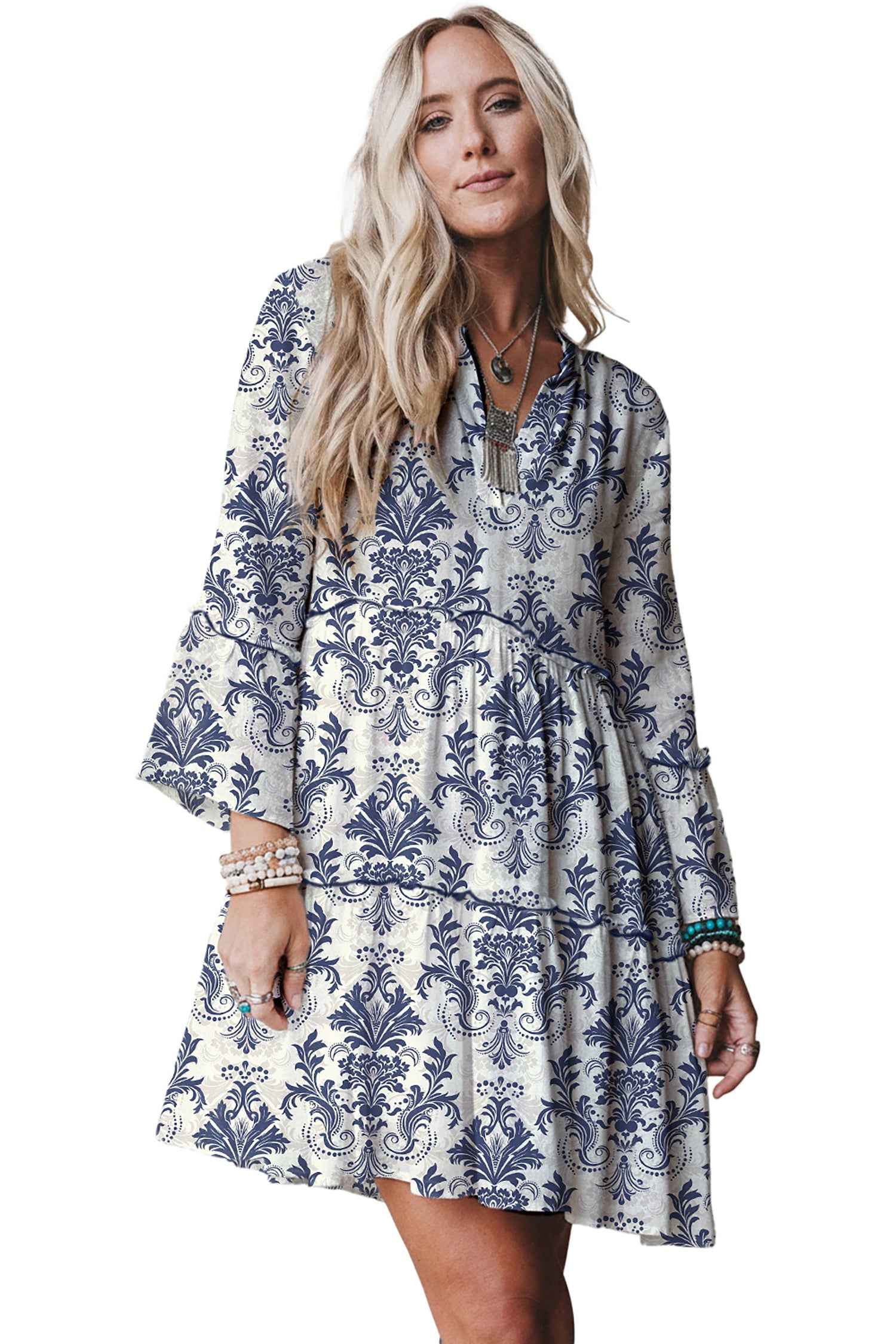 Sky Blue Boho Floral Print Lettuce Trim 3/4 Sleeve Mini Dress 7a6e838a47699818