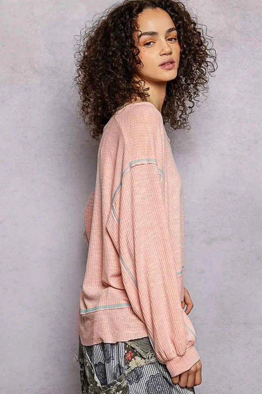 Round Neck Long Sleeve Exposed Seam Top with Chest Pocket 7a7099d2-e5af-482a-9430-f9c4b983098c-Max-Origin