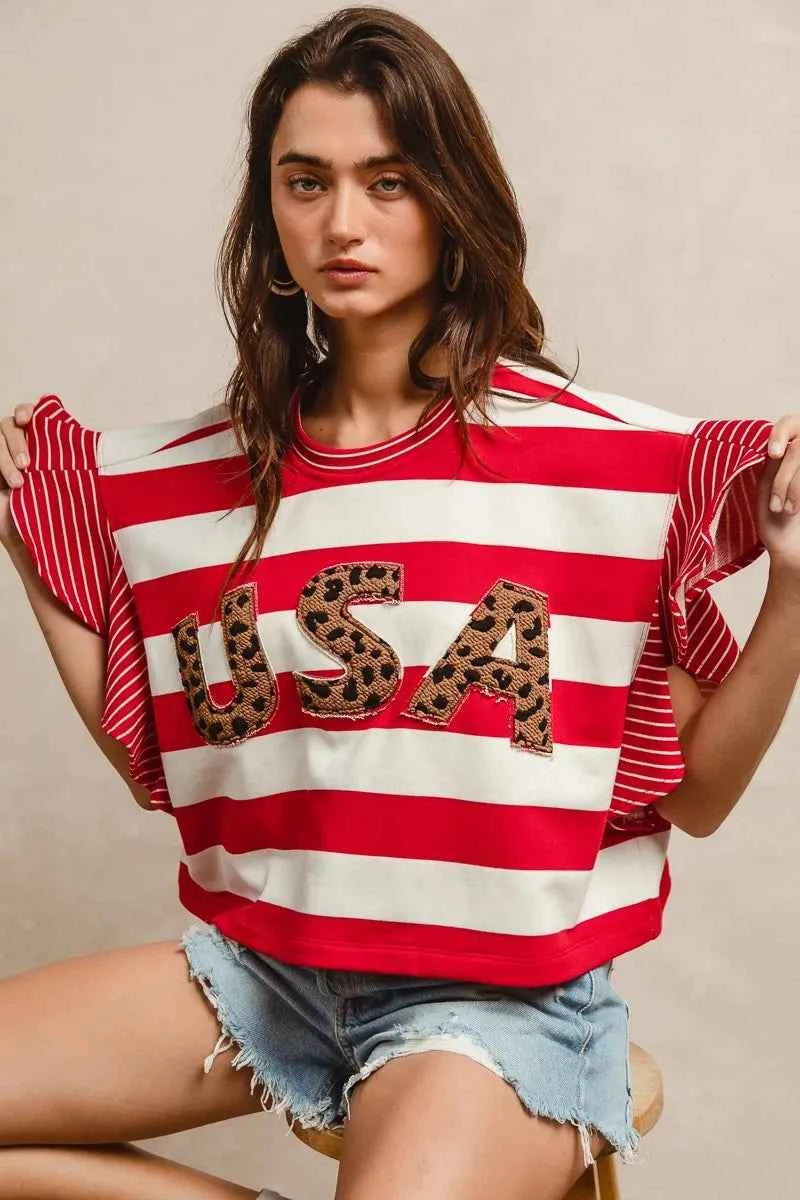 BiBi Stripe Mixed Ruffle Sleeve Top With Leopard Letter 7a769710279b41c2882f72663410ed50-Max-Origin
