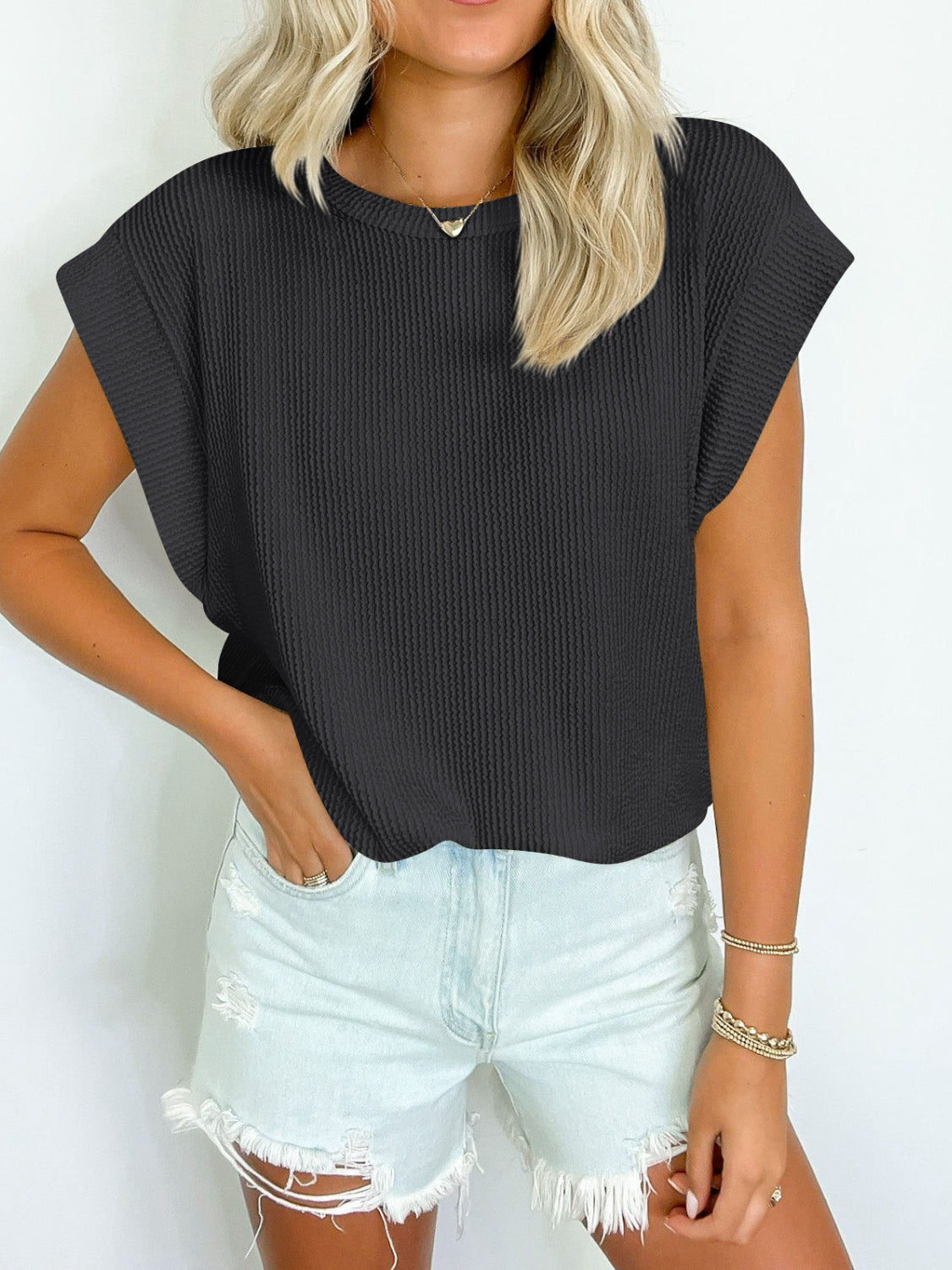 Lovelet Textured Round Neck Cap Sleeve Blouse