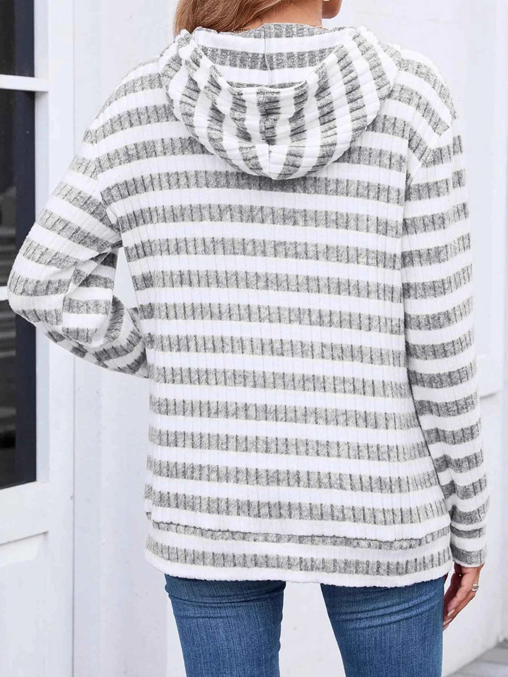 Striped Ribbed Knit Hoodie with Kangaroo Pocket
